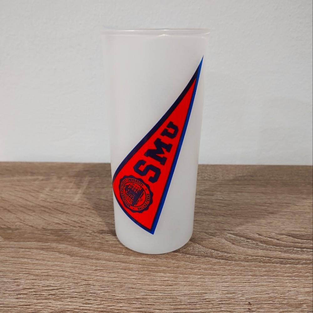 Vintage SMU Pennant Frosted Glass Tumbler High Ball Southern Methodist Dallas